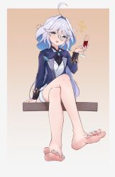 Rule 34 | 1girl, absurdres, alcohol, barefoot, blue eyes, crossed legs, cup, drinking glass, feet, furina (genshin impact), genshin impact, grey hair, highres, light blush, long hair, looking at viewer, open mouth, sitting, soles, sotiark, toes, wine, wine glass