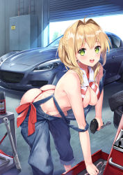 Rule 34 | 1girl, :d, ahoge, ass, bare shoulders, bent over, bikini, blonde hair, blush, breasts, car, cleavage, commentary request, earrings, fate/grand order, fate (series), gedou (shigure seishin), green eyes, hair intakes, highres, holding, jewelry, large breasts, long hair, looking at viewer, mazda rx-8, mechanic, motor vehicle, nero claudius (fate), nero claudius (fate) (all), nero claudius (swimsuit caster) (fate), open mouth, overalls, side-tie bikini bottom, sideboob, smile, solo, swimsuit, teeth, thong, tire, tools, twintails, underboob, wrench