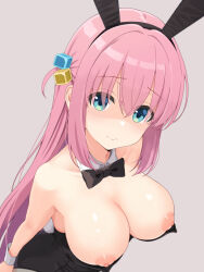 Rule 34 | 1girl, animal ears, black bow, black bowtie, black leotard, blue eyes, bocchi the rock!, bow, bowtie, breasts, breasts out, commentary request, cube hair ornament, detached collar, fake animal ears, gotoh hitori, grey background, hair between eyes, hair ornament, hair over eyes, large breasts, leotard, leotard pull, long hair, nipples, otenkiya, partial commentary, pink hair, playboy bunny, rabbit ears, simple background, solo, undersized breast cup, wrist cuffs