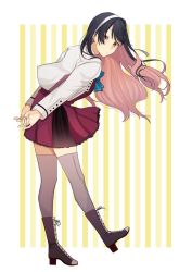 Rule 34 | 1girl, arms behind back, black hair, blazer, boots, cross-laced footwear, full body, grey thighhighs, hair down, hairband, halterneck, highres, jacket, kantai collection, lace-up boots, leaning forward, long hair, looking at viewer, multicolored hair, naganami (kancolle), naganami kai ni (kancolle), pink hair, solo, striped, striped background, tanaka io (craftstudio), thighhighs, two-tone hair, wavy hair, white hairband, yellow eyes