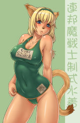 Rule 34 | 00s, 1girl, animal ears, blonde hair, blue eyes, cat ears, cat tail, cleft of venus, curvy, final fantasy, final fantasy xi, gochou (kedama), green one-piece swimsuit, hairband, mithra (ff11), one-piece swimsuit, school swimsuit, shiny skin, slit pupils, solo, swimsuit, tail, translation request