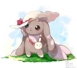 Rule 34 | arm up, chestnut mouth, digimon, digimon (creature), fang, floppy ears, hat, highres, horns, legs apart, lopmon, open mouth, solo, standing, sun hat, twitter username, white hat, youzaiyouzai112