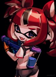 Rule 34 | 1girl, :d, artist name, black background, black hair, black shorts, blue eyes, blunt bangs, blurry, commentary, cowboy shot, fang, from behind, gloves, hakos baelz, hololive, hololive english, ink tank (splatoon), inkling, inkling girl, inkling player character, long hair, looking at viewer, looking back, makaroll, multicolored hair, nintendo, open mouth, orange gloves, pointy ears, red hair, shirt, short shorts, short sleeves, shorts, simple background, skin fang, smile, solo, splatoon (series), streaked hair, super soaker, t-shirt, tentacle hair, thick eyebrows, twintails, virtual youtuber, white hair, white shirt
