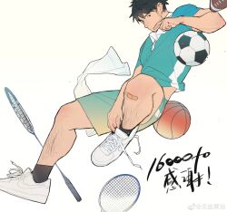 Rule 34 | + -, 1boy, absurdres, badminton racket, ball, bandaid, bara, basketball, basketball (object), collared shirt, commentary, costume request, facial hair, full body, goatee, highres, laserbiubiu, leg hair, long sideburns, male focus, nike (company), nike air force 1, original, pink pupils, racket, rugby ball, shirt, shoes, short hair, sideburns, sneakers, soccer ball, solo, symbol-only commentary, thick thighs, thighs