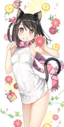 Rule 34 | 1girl, :d, animal ears, black hair, breasts, cat ears, cat tail, cowboy shot, dress, grapefruit, highres, kantoku, looking at viewer, medium hair, one side up, open mouth, original, paw pose, pink eyes, plaid, plaid scarf, ribbed dress, scarf, shizuku (kantoku), short dress, small breasts, smile, solo, tail, taut clothes, taut dress, teeth, white dress