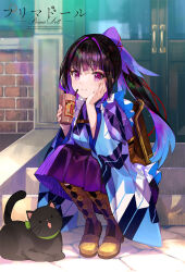 Rule 34 | 1girl, black hair, cat, cat day, closed mouth, fuzichoco, highres, japanese clothes, karasuba (prima doll), kimono, long hair, looking at viewer, ponytail, prima doll (anime), purple eyes, purple hair, purple kimono, smile, wide sleeves