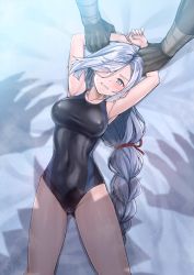 Rule 34 | 1girl, armpits, arms up, bare shoulders, black one-piece swimsuit, blue eyes, blush, braid, breasts, clenched teeth, collarbone, competition swimsuit, covered navel, genshin impact, hair ornament, hair over one eye, highleg, highleg swimsuit, highres, hilichurl (genshin impact), koyuki (kotatsu358), large breasts, long hair, looking at viewer, low-braided long hair, low-tied long hair, one-piece swimsuit, restrained, shenhe (genshin impact), solo focus, swimsuit, teeth, thighs, very long hair, white hair