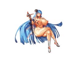 Rule 34 | 1girl, blue hair, blunt bangs, boots, breasts, broken staff, crossed legs, detached collar, feet, female focus, floating hair, full body, functionally nude, game cg, hair ornament, hand on own chest, hands up, head tilt, holding, holding staff, huge breasts, legs, long hair, looking at viewer, melon22, nipples, no panties, original, red eyes, sitting, sitting on own tail, skirt, solo, staff, tail, thighs, torn clothes, transparent background, very long hair