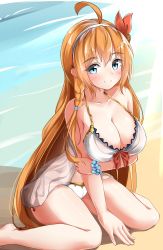 Rule 34 | 1girl, absurdres, ahoge, bare legs, bare shoulders, barefoot, beach, bead bracelet, beads, between legs, bikini, blue eyes, blush, bracelet, braid, breasts, cleavage, closed mouth, collarbone, commentary request, day, hair between eyes, hair ribbon, hairband, hand between legs, highres, jewelry, large breasts, long hair, looking at viewer, moyoron, orange hair, outdoors, pecorine (princess connect!), pecorine (summer) (princess connect!), princess connect!, red ribbon, ribbon, sand, see-through, side-tie bikini bottom, sitting, smile, solo, split mouth, swimsuit, very long hair, wariza, water, white bikini, white hairband