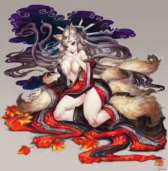 Rule 34 | 1girl, animal ears, blonde hair, breasts, brown eyes, female pubic hair, fox ears, fox tail, hair ornament, large breasts, leaf, long hair, multiple tails, off shoulder, original, pale skin, pubic hair, robe, solo, tail, zhang wei yi