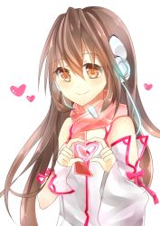 Rule 34 | 1girl, asymmetrical sleeves, bad id, bad pixiv id, blush, brown eyes, brown hair, detached sleeves, headphones, heart, heart hands, kokone (vocaloid), long hair, mismatched sleeves, oishiipuddii, scarf, smile, solo, vocaloid