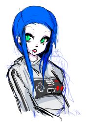 Rule 34 | 1girl, bad id, bad tumblr id, black lips, blue hair, breasts, earrings, game console, green eyes, hair in own mouth, highres, hood, hoodie, jewelry, lipstick, makeup, nes, nintendo, original, pale skin, personification, short hair, sidelocks, simple background, sketch, slit pupils, slugbox, small breasts, solo, upper body, white background
