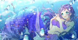 Rule 34 | 1girl, :d, aqua eyes, azuma (no488888), bikini, bikini top only, bubble, character name, circlet, commentary request, dated, hair down, happy birthday, highres, interlocked fingers, jewelry, long hair, love live!, love live! school idol festival, love live! school idol project, mermaid costume, midriff, nail polish, navel, open mouth, own hands clasped, own hands together, purple bikini, purple hair, purple nails, smile, solo, star (symbol), swimsuit, tojo nozomi, underwater