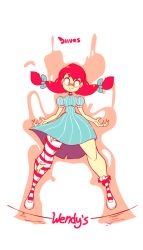 Rule 34 | 1girl, animated, animated gif, artist name, blue bow, blue dress, bow, character name, copyright name, diives, dress, female focus, floating, freckles, full body, hair bow, hair ornament, looking at viewer, open mouth, puffy short sleeves, puffy sleeves, red hair, red socks, shoes, short sleeves, signature, simple background, single sock, single thighhigh, smile, socks, solo, striped clothes, striped socks, teeth, text focus, thighhighs, torn clothes, torn legwear, twintails, wendy&#039;s, wendy (wendy&#039;s), white background, white footwear
