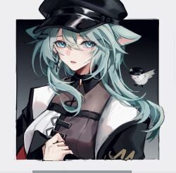 Rule 34 | 1girl, animal, animal ears, aqua fur, aqua hair, bird, black collar, black hat, black jacket, blue eyes, border, cat ears, cat girl, chick, chinese commentary, clipboard, clothed animal, collar, commentary, earrings, gradient background, grey border, guapihuang833, hair between eyes, hair ornament, hairclip, hat, holding, holding clipboard, hoop earrings, jacket, jewelry, kepi, long hair, looking at viewer, military hat, nightingale (path to nowhere), open clothes, open jacket, outdoors, path to nowhere, single earring, solo, two-sided fabric, two-sided jacket, two-tone shirt, upper body
