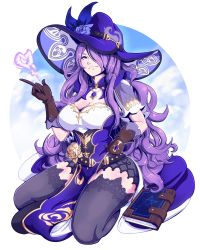 Rule 34 | 1girl, alternate costume, belt, black thighhighs, book, breasts, brown gloves, camilla (fire emblem), cleavage, closed mouth, cloud, commentary, cosplay, crossover, curly hair, dress, english commentary, eyebrows hidden by hair, female focus, fire emblem, fire emblem fates, floral print, flower, forehead, genshin impact, gloves, gold trim, golden rose, hair over one eye, hand on own hip, hand up, hat, heart, highres, index finger raised, lace, lace-trimmed legwear, lace trim, large breasts, large hat, lisa (genshin impact), lisa (genshin impact) (cosplay), long hair, mature female, nintendo, parted bangs, pentagram, pink eyes, purple dress, purple flower, purple hair, purple rose, rose, rose print, seiza, short sleeves, shrug (clothing), sidelocks, simple background, sitting, sky, solo, spiritdraws x, spread legs, thighhighs, thighs, white background, wizard hat