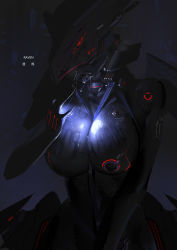 Rule 34 | 1girl, absurdres, text background, black bodysuit, bodysuit, breasts, cleavage, commentary request, glowing, helmet, highres, impossible bodysuit, impossible clothes, large breasts, mecha musume, original, partial commentary, science fiction, shizuoxing kof, skin tight, solo, translation request, wet