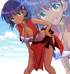 1girl :d bandeau belt bent_over blue_gemstone blue_sky blush bob_cut border bracelet breasts brown_belt brown_sash cleavage cloud commentary cropped_vest dark-skinned_female dark_skin earrings feet_out_of_frame fushigi_no_umi_no_nadia gem gold_bracelet gold_earrings green_eyes hair_ornament hairclip hand_on_own_hip hand_on_own_thigh highres hoop_earrings impossible_clothes jewelry kumaisao leaning_forward medium_breasts midriff nadia_la_arwall navel neck_ring necklace open_clothes open_mouth open_vest outline outside_border pelvic_curtain pendant purple_hair red_skirt red_vest shiny_skin short_hair side_slit skirt sky sleeveless smile solo sparkle standing strapless tube_top vest white_background white_bandeau white_border white_outline zoom_layer