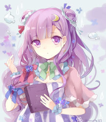 Rule 34 | 1girl, blush, book, bubble, capelet, cleavage cutout, clothing cutout, crescent, crescent hair ornament, detached collar, double bun, dress, earrings, hair bun, hair ornament, jewelry, long hair, looking at viewer, no headwear, open mouth, patchouli knowledge, puracotte, purple eyes, purple hair, solo, strapless, strapless dress, striped clothes, striped dress, touhou, twitter username, upper body, wrist cuffs