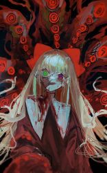 Rule 34 | 1girl, absurdres, blonde hair, blood, blood on clothes, blood on face, blue eyes, bow, commentary, fang, green eyes, hair bow, heterochromia, highres, long hair, long sleeves, looking at viewer, multicolored eyes, original, red background, red bow, red eyes, red shirt, ringed eyes, shirt, shiun (siun 5513), smile, solo, upper body