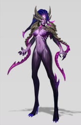 Rule 34 | 1girl, armor, black nails, blue hair, breasts, closed mouth, colored skin, concept art, full body, gradient background, grey background, high heels, highres, horns, league of legends, long hair, medium breasts, nail polish, navel, no pupils, pink lips, pink skin, shoulder armor, solo, standing, vladbacescu, zyra