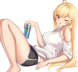 Rule 34 | 1girl, ;o, absurdres, ahoge, bare legs, bare shoulders, barefoot, black shorts, blonde hair, breasts, can, commentary request, dolphin shorts, hair ornament, hairclip, highres, holding, jingburger, knees up, korean commentary, large breasts, legs, long hair, looking at viewer, monster energy, off shoulder, one eye closed, open mouth, red eyes, shirt, short shorts, shorts, simple background, solo, thighs, very long hair, virtual youtuber, waktaverse, white background, white shirt, ziro (zirorong)