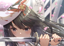 Rule 34 | 1girl, absurdres, agatsuma kaede, alice gear aegis, black eyes, black hair, cherry blossoms, covered mouth, fox mask, highres, holding, holding sword, holding weapon, katana, long hair, looking at viewer, mask, mask on head, outdoors, petals, puripuri, signature, solo, sword, weapon, wind