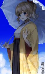 Rule 34 | 1girl, blue eyes, blue sky, cloud, commentary request, cowboy shot, day, drill hair, hair ribbon, hatakaze (kancolle), japanese clothes, kantai collection, kimono, meiji schoolgirl uniform, one-hour drawing challenge, ponytail, red ribbon, ribbon, shade, short hair, sky, solo, tareme, twitter username, umbrella, yamashichi (mtseven)