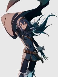 Rule 34 | 1girl, arm up, belt, blue eyes, blue gloves, blue hair, blue pants, boots, brown belt, cape, commentary request, fingerless gloves, fingernails, fire emblem, fire emblem awakening, floating cape, gloves, grey cape, hair between eyes, highres, leather belt, long hair, long sleeves, looking at viewer, lucina (fire emblem), nintendo, pants, parted lips, pikapika hoppe, sidelocks, simple background, smile, solo, standing, thigh boots, thighhighs, tiara, white background