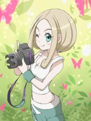 Rule 34 | 1girl, bare shoulders, breasts, bug, butterfly, camera, cleavage, creatures (company), crop top, emapippi, game freak, grass, green eyes, highres, insect, light brown hair, medium breasts, medium hair, nintendo, one eye closed, pants, pokemon, pokemon xy, sleeveless, solo, viola (pokemon), wink