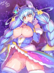 Rule 34 | 1girl, :p, absurdres, animal ear fluff, animal ears, blue gloves, blue hair, breasts, breasts out, cat ears, commentary request, cure cosmo, dated, elbow gloves, gloves, highres, hisahiko, large breasts, lifting own clothes, long hair, magical girl, multicolored hair, nipples, no panties, pink hair, precure, pussy, signature, solo, star (symbol), star twinkle precure, starry background, thighhighs, thighs, tongue, tongue out, two-tone hair, yellow eyes, yuni (precure)
