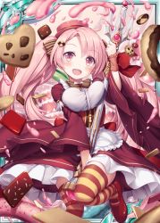 Rule 34 | 1girl, :d, akkijin, breasts, brown ribbon, cake, candy, card (medium), chocolate, cookie, doughnut, food, hat, heart, large breasts, long hair, looking at viewer, official art, open mouth, pink eyes, pink hair, pink hat, polearm, ribbon, shinkai no valkyrie, smile, striped ribbon, thighhighs, trident, twintails, weapon