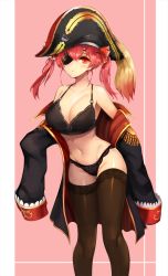 Rule 34 | 1girl, arrow through heart, bare shoulders, black bra, black coat, black hat, black panties, blush, bra, breasts, brown thighhighs, cleavage, closed mouth, coat, collarbone, epaulettes, eyepatch, feet out of frame, hair ribbon, hat, highres, hololive, houshou marine, large breasts, looking at viewer, notte, off shoulder, one eye covered, open clothes, open coat, panties, pink background, pirate hat, red eyes, red hair, red ribbon, ribbon, sleeves past fingers, sleeves past wrists, solo, standing, thighhighs, twintails, two-tone background, underwear, underwear only, virtual youtuber