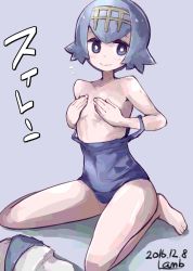 Rule 34 | 1girl, :&gt;, bad id, bad twitter id, blue eyes, blue hair, breasts, character name, clothes pull, covering breasts, covering privates, creatures (company), flat chest, game freak, lamb-oic029, lana (pokemon), matching hair/eyes, nintendo, one-piece swimsuit, one-piece swimsuit pull, pokemon, pokemon sm, small breasts, solo, swimsuit