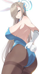 Rule 34 | 1girl, animal ears, ass, asuna (blue archive), bare shoulders, blue archive, blush, breasts, detached collar, fake animal ears, from behind, from below, gloves, green eyes, hair over one eye, halo, highres, huge ass, large breasts, leotard, light brown hair, long hair, looking down, open mouth, pantyhose, playboy bunny, rabbit ears, rabbit tail, sideboob, solo, thighs, very long hair, yukage