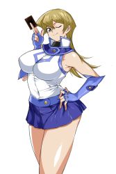 Rule 34 | 1girl, bad id, bad pixiv id, bare shoulders, belt, blue skirt, breasts, brown eyes, card, closed mouth, commentary request, curvy, duel academy uniform (yu-gi-oh! gx), fingerless gloves, fingernails, gloves, hand on own hip, hand up, highres, hip-hop nyang-i, holding, large breasts, long hair, looking at viewer, miniskirt, obelisk blue uniform, one eye closed, shiny skin, simple background, skirt, sleeveless, smile, solo, tenjouin asuka, thighs, white background, wink, yu-gi-oh!, yu-gi-oh! gx