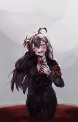 Rule 34 | 1girl, ahoge, armband, black jacket, black pants, blood, blood in hair, blood on clothes, blood on face, blood on hands, blush, brown hair, closed eyes, crying, hair ornament, hairclip, hand on own chest, hod (project moon), holding, holding own hair, jacket, lobotomy corporation, long hair, long sleeves, necktie, open mouth, orange necktie, pants, pool of blood, project moon, shirt, smile, solo, white shirt, wing collar, yono neie