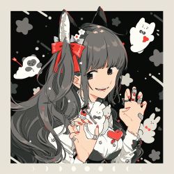 Rule 34 | 1girl, animal ears, bandaid, black eyes, border, bow, breasts, grey border, grey hair, hair bow, hands up, heart, jewelry, keishin, long hair, long sleeves, moon phases, nail polish, original, outside border, parted lips, red bow, red nails, ring, smile, solo, upper body, white bow