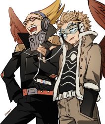 Rule 34 | 2boys, amplifier, audio jack, belt, blonde hair, boku no hero academia, boots, cable, cellphone, costume, cowboy shot, crested hair, epaulettes, facial hair, facial mark, feathered wings, feathers, fingerless gloves, from below, fur-trimmed jacket, fur trim, gloves, goatee, hand in pocket, hawks (boku no hero academia), headphones, holding, holding cable, holding phone, jacket, kadeart, leather, leather jacket, leather pants, listening to music, long hair, male focus, multiple boys, mustache, open mouth, pants, phone, present mic, red feathers, red wings, rimless eyewear, sharing, shirt, short hair, side-by-side, simple background, smartphone, standing, stubble, studded belt, studded jacket, sunglasses, teeth, tight clothes, tight shirt, tinted eyewear, twitter username, white background, wings