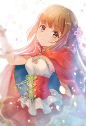 Rule 34 | 1girl, breasts, brown eyes, brown hair, cape, character request, copyright request, corset, dutch angle, long hair, looking at viewer, medium breasts, myusha, red cape, smile, solo, white hair