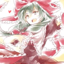 Rule 34 | 1girl, commentary request, cross-laced clothes, dress, frilled ribbon, frills, front ponytail, green eyes, hair ribbon, heart, kagiyama hina, kutsuki kai, looking at viewer, medium hair, one-hour drawing challenge, open mouth, red dress, red ribbon, ribbon, solo, touhou, upper body, yellow background
