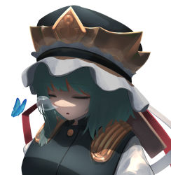 Rule 34 | 1girl, absurdres, black hat, blue butterfly, breasts, bug, butterfly, closed eyes, commentary, epaulettes, frilled hat, frills, green hair, grey vest, hat, highres, insect, kiyonetto, medium breasts, medium hair, nose bubble, open mouth, portrait, shiki eiki, shirt, simple background, sleeping, solo, touhou, vest, white background, white shirt