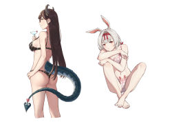 2girls, absurdres, animal ears, animal print, ass, bare arms, bare legs, bare shoulders, barefoot, bikini, black bikini, blush, bra, breasts, brown hair, bunny ears, bunny panties, bunny print, closed mouth, cocktail glass, cropped legs, cup, drinking glass, from side, glasses, grey hair, hairband, hand on hip, highres, horns, jiliang jiying yumao, large breasts, legs crossed, lizard tail, long hair, looking at viewer, medium hair, multiple girls, multiple horns, navel, panties, pink bra, pink panties, print panties, profile, red-framed eyewear, red ribbon, ribbon, simple background, sitting, smile, standing, swimsuit, tail, tail ornament, tail ribbon, underwear, underwear only, virtuareal, white background, yellow eyes