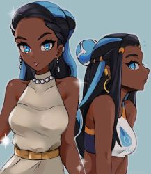 Rule 34 | 1girl, blue background, blue eyes, blue hair, breasts, creatures (company), dark-skinned female, dark blue hair, dark skin, dress, earrings, from side, game freak, gold earrings, gym leader, highres, jewelry, long hair, midriff, multicolored hair, multiple views, necklace, nessa (pokemon), nintendo, pearl necklace, pokemon, pokemon swsh, tommy (kingdukeee), tongue, tongue out, two-tone hair, upper body, white dress