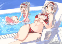 Rule 34 | 10s, 3girls, :d, ^ ^, alternate hairstyle, artist name, barefoot, bikini, braid, breasts, brown eyes, chair, chibi, cleavage, closed eyes, dated, flat chest, groin, headband, innertube, kantai collection, large breasts, long hair, lounge chair, multiple girls, multiple persona, open mouth, own hands together, red bikini, sensen, shoukaku (kancolle), signature, single braid, smile, swim ring, swimsuit, toes, white hair