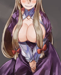 Rule 34 | 1girl, blonde hair, breasts, breasts day, breasts out, dress, good breasts day, grey background, grin, hair censor, hair ornament, head out of frame, large breasts, no bra, purple dress, simple background, smile, solo, touhou, yakumo yukari, yohane