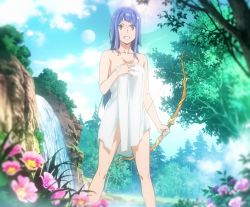 Rule 34 | 1girl, angry, artemis (danmachi), blue hair, bow (weapon), breasts, clenched, dungeon ni deai wo motomeru no wa machigatteiru darou ka, feet out of frame, flower, green eyes, holding, holding towel, holding weapon, long hair, medium breasts, naked towel, outdoors, screencap, solo, standing, stitched, teeth, third-party edit, towel, tree, very long hair, water, waterfall, weapon, wet, wet hair