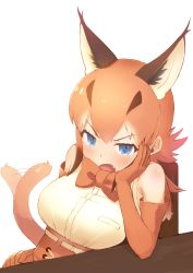 Rule 34 | 1girl, absurdres, afterimage, animal ears, bare shoulders, belt, blue eyes, blush, bow, bowtie, caracal (kemono friends), commentary request, deku suke, elbow gloves, elbows on table, extra ears, fang, gloves, head on hand, high-waist skirt, highres, kemono friends, light brown hair, open mouth, short hair, skirt, sleeveless, solo, table, tail, tail wagging, traditional bowtie, v-shaped eyebrows