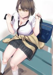 Rule 34 | 1girl, azur lane, bag, baltimore (after-school ace) (azur lane), baltimore (azur lane), black choker, black footwear, black necktie, black skirt, breasts, brown hair, cafenami, cellphone, choker, cleavage, clothes around waist, commentary request, hands up, highres, holding, holding bag, holding phone, jacket, jacket around waist, kneehighs, loafers, looking at viewer, miniskirt, necktie, phone, pleated skirt, shirt, shoes, short hair, short sleeves, sitting, skirt, smartphone, smile, socks, solo, thighs, white shirt, white socks, yellow eyes