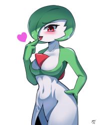 Rule 34 | 1girl, absurdres, artist name, blush, bob cut, breasts, cleavage, collarbone, colored skin, cowboy shot, creatures (company), female focus, finger to mouth, game freak, gardevoir, gen 3 pokemon, green hair, green skin, hair over one eye, hand on own hip, hand to own mouth, hand up, happy, heart, highres, imnotpostit, large breasts, looking at viewer, multicolored skin, navel, nintendo, one eye covered, open mouth, pokemon, pokemon (creature), red eyes, short hair, signature, simple background, smile, solo, standing, tongue, tongue out, two-tone skin, white background, white skin